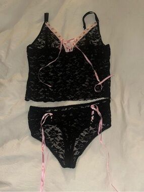 Black Lace Cami & Brief Set with Pink Ribbon Accents